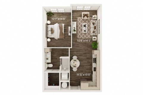 Floor plan for 1 bed, 1 bath, 718 sqft